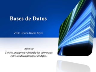 Bases de Datos
Objetivo:
Conoce, interpreta y describe las diferencias
entre los diferentes tipos de datos.
Profr. Arturo Aldana Reyes
 