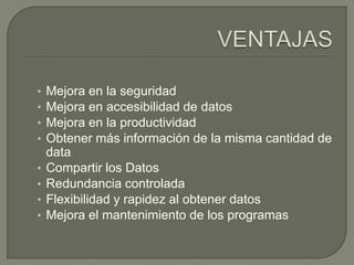 VENTAJASMejora en la seguridadMejora en accesibilidad de datosMejora en la productividadObtener más información de la misma cantidad de data Compartir los DatosRedundancia controladaFlexibilidad y rapidez al obtener datosMejora el mantenimiento de los programas