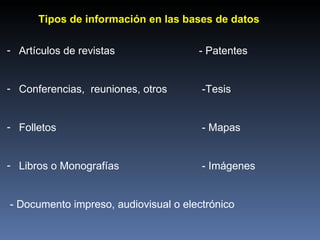 Tipos de información en las bases de datos Artículos de revistas - Patentes Conferencias,  reuniones, otros  -Tesis Folletos  - Mapas Libros o Monografías  - Imágenes - Documento impreso, audiovisual o electrónico 