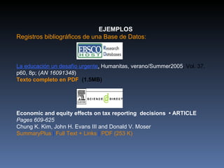                     EJEMPLOS Registros bibliográficos de una Base de Datos: La educación un desafío urgente .  Humanitas, verano/Summer2005 , Vol. 37,  p60, 8p; ( AN 16091348 ) Texto completo en PDF   (1.5MB)    Economic and equity effects on tax reporting  decisions  • ARTICLE Pages 609-625  Chung K. Kim, John H. Evans III and Donald V. Moser SummaryPlus  |  Full Text + Links  |  PDF (253 K)   