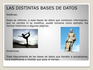 LAS DISTINTAS BASES DE DATOS 
Estáticas: 
Estas se refieren, a esas bases de datos que contienen información, 
que no cambia ni se modifica, puede tomarse como ejemplo, los 
hechos históricos e algunas páginas. 
Dinámicos: 
Trata básicamente de las bases de datos que tienden a actualizarse, 
o a modificarse a medida que pasa el tiempo. 
