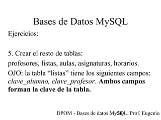 DPOM - Bases de datos MySQL. Prof. Eugenio T28
Bases de Datos MySQL
Ejercicios:
5. Crear el resto de tablas:
profesores, listas, aulas, asignaturas, horarios.
OJO: la tabla “listas” tiene los siguientes campos:
clave_alumno, clave_profesor. Ambos campos
forman la clave de la tabla.
 