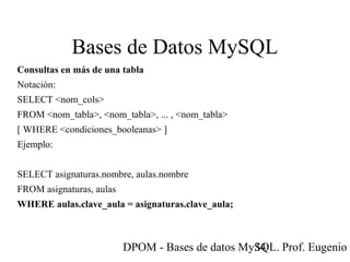 DPOM - Bases de datos MySQL. Prof. Eugenio T34
Bases de Datos MySQL
Consultas en más de una tabla
Notación:
SELECT <nom_cols>
FROM <nom_tabla>, <nom_tabla>, ... , <nom_tabla>
[ WHERE <condiciones_booleanas> ]
Ejemplo:
SELECT asignaturas.nombre, aulas.nombre
FROM asignaturas, aulas
WHERE aulas.clave_aula = asignaturas.clave_aula;
 