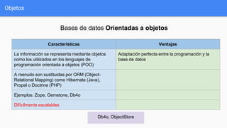 Objetos
Características Ventajas
La información se representa mediante objetos
como los utilizados en los lenguajes de
programación orientada a objetos (POO)
Adaptación perfecta entre la programación y la
base de datos
A menudo son sustituidas por ORM (Object-
Relational Mapping) como Hibernate (Java),
Propel o Doctrine (PHP)
Ejemplos: Zope, Gemstone, Db4o
Difícilmente escalables
Bases de datos Orientadas a objetos
Db4o, ObjectStore
 