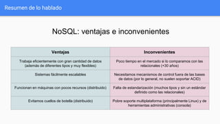 Resumen de lo hablado
Ventajas Inconvenientes
Trabaja eficientemente con gran cantidad de datos
(además de diferentes tipos y muy flexibles)
Poco tiempo en el mercado si lo comparamos con las
relacionales (+30 años)
Sistemas fácilmente escalables Necesitamos mecanismos de control fuera de las bases
de datos (por lo general, no suelen soportar ACID)
Funcionan en máquinas con pocos recursos (distribuido) Falta de estandarización (muchos tipos y sin un estándar
definido como las relacionales)
Evitamos cuellos de botella (distribuido) Pobre soporte multiplataforma (principalmente Linux) y de
herramientas administrativas (consola)
NoSQL: ventajas e inconvenientes
 
