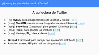¿Qué arquitectura de datos utiliza Twitter?
Arquitectura de Twitter
● [rel] MySQL para almacenamiento de usuarios y tweets [+info]
● [nosql] FlockDB para almacenar los grafos sociales (followers) [+info]
● [nosql] Snowflake (Cassandra) para generar IDs únicos [+info]
● [nosql] Redis: para generar los timelines [+info]
● [nosql] Hadoop, Pig, Hive y Hbase: [+info]
● Gizzard: Framework para trabajar con información distribuida [+info]
● Apache Lucene: API para realizar búsquedas [+info]
 