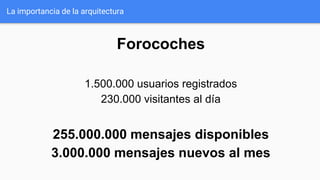 La importancia de la arquitectura
Forocoches
1.500.000 usuarios registrados
230.000 visitantes al día
255.000.000 mensajes disponibles
3.000.000 mensajes nuevos al mes
 