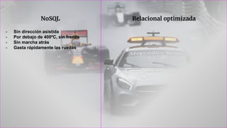 Relacional optimizadaNoSQL
- Sin dirección asistida
- Por debajo de 400ºC, sin frenos
- Sin marcha atrás
- Gasta rápidamente las ruedas
 