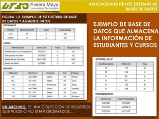 APLICACIONES DE LOS SISTEMAS DE
BASES DE DATOS
FIGURA 1.2. EJEMPLO DE ESTRUCTURA DE BASE
DE DATOS Y ALGUNOS DATOS

UN ARCHIVO, ES UNA COLECCIÓN DE REGISTROS
QUE PUEDE O NO ESTAR ORDENADOS…

EJEMPLO DE BASE DE
DATOS QUE ALMACENA
LA INFORMACIÓN DE
ESTUDIANTES Y CURSOS

 