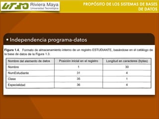 PROPÓSITO DE LOS SISTEMAS DE BASES
DE DATOS

• Independencia programa-datos

 
