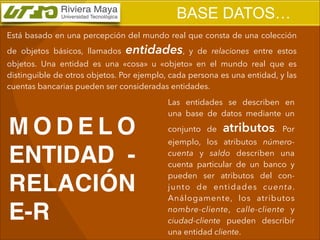 BASE DATOS…
Está basado en una percepción del mundo real que consta de una colección
de objetos básicos, llamados

entidades,

y de relaciones entre estos

objetos. Una entidad es una «cosa» u «objeto» en el mundo real que es
distinguible de otros objetos. Por ejemplo, cada persona es una entidad, y las
cuentas bancarias pueden ser consideradas entidades.

MODELO
ENTIDAD RELACIÓN
E-R

Las entidades se describen en
una base de datos mediante un
conjunto de

atributos.

Por

ejemplo, los atributos númerocuenta y saldo describen una
cuenta particular de un banco y
pueden ser atributos del conjunto de entidades cuenta.
Análogamente, los atributos
nombre-cliente, calle-cliente y
ciudad-cliente pueden describir
una entidad cliente.

 