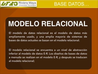 BASE DATOS…

MODELO RELACIONAL
El modelo de datos relacional es el modelo de datos más
ampliamente usado, y una amplia mayoría de sistemas de
bases de datos actuales se basan en el modelo relacional.
!

El modelo relacional se encuentra a un nivel de abstracción
inferior al modelo de datos E-R. Los diseños de bases de datos
a menudo se realizan en el modelo E-R, y después se traducen
al modelo relacional;

 