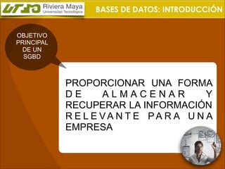 BASES DE DATOS: INTRODUCCIÓN
OBJETIVO
PRINCIPAL
DE UN
SGBD

PROPORCIONAR UNA FORMA
DE
ALMACENAR
Y
RECUPERAR LA INFORMACIÓN
R E L E VA N T E PA R A U N A
EMPRESA

 
