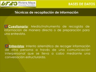 BASES DE DATOS
Técnicas de recopilación de información

Cuestionario: Medio/instrumento de recogida de
información de manera directa o de preparación para
una entrevista.

Entrevistas: Intento sistemático de recoger información
de otra persona a través de una comunicación
interpersonal que se lleva a cabo mediante una
conversación estructurarda.

 