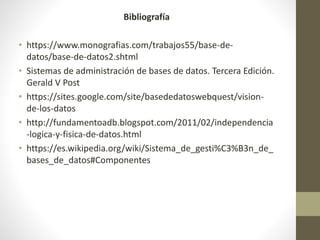 Bibliografía
• https://www.monografias.com/trabajos55/base-de-
datos/base-de-datos2.shtml
• Sistemas de administración de bases de datos. Tercera Edición.
Gerald V Post
• https://sites.google.com/site/basededatoswebquest/vision-
de-los-datos
• http://fundamentoadb.blogspot.com/2011/02/independencia
-logica-y-fisica-de-datos.html
• https://es.wikipedia.org/wiki/Sistema_de_gesti%C3%B3n_de_
bases_de_datos#Componentes
 