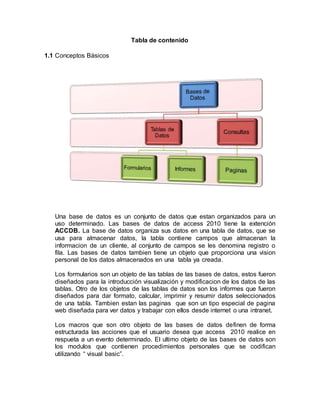 Tabla de contenido
1.1 Conceptos Básicos
Una base de datos es un conjunto de datos que estan organizados para un
uso determinado. Las bases de datos de access 2010 tiene la extención
ACCDB. La base de datos organiza sus datos en una tabla de datos, que se
usa para almacenar datos, la tabla contiene campos que almacenan la
informacion de un cliente, al conjunto de campos se les denomina registro o
fila. Las bases de datos tambien tiene un objeto que proporciona una vision
personal de los datos almacenados en una tabla ya creada.
Los formularios son un objeto de las tablas de las bases de datos, estos fueron
diseñados para la introducción visualización y modificacion de los datos de las
tablas. Otro de los objetos de las tablas de datos son los informes que fueron
diseñados para dar formato, calcular, imprimir y resumir datos seleccionados
de una tabla. Tambien estan las paginas que son un tipo especial de pagina
web diseñada para ver datos y trabajar con ellos desde internet o una intranet.
Los macros que son otro objeto de las bases de datos definen de forma
estructurada las acciones que el usuario desea que access 2010 realice en
respueta a un evento determinado. El ultimo objeto de las bases de datos son
los modulos que contienen procedimientos personales que se codifican
utilizando “ visual basic”.
 