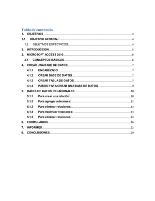 Tabla de contenido 
1. OBJETIVOS .................................................................................................................... 4 
1.1 OBJETIVO GENERAL:............................................................................................... 4 
1.2 OBJETIVOS ESPECÍFICOS: .................................................................................. 4 
2. INTRODUCCION............................................................................................................. 5 
3. MICROSOFT ACCESS 2010.......................................................................................... 6 
3.1 CONCEPTOS BÁSICOS......................................................................................... 6 
4. CREAR UNA BASE DE DATOS .................................................................................... 7 
4.1.1 ENCABEZADO ................................................................................................ 7 
4.1.2 CREAR BASE DE DATOS .............................................................................. 7 
4.1.3 CREAR TABLA DE DATOS ............................................................................ 7 
4.1.4 PASOS PARA CREAR UNA BASE DE DATOS ............................................ 9 
5. BASES DE DATOS RELACIONALES..........................................................................10 
5.1.1 Para crear una relación:................................................................................10 
5.1.2 Para agregar relaciones:...............................................................................12 
5.1.3 Para eliminar relaciones: ..............................................................................13 
5.1.4 Para modificar relaciones: ...........................................................................13 
5.1.5 Para eliminar relaciones: ..............................................................................14 
6. FORMULARIOS .............................................................................................................16 
7. INFORMES .....................................................................................................................22 
8. CONCLUSIONES...........................................................................................................29 
 