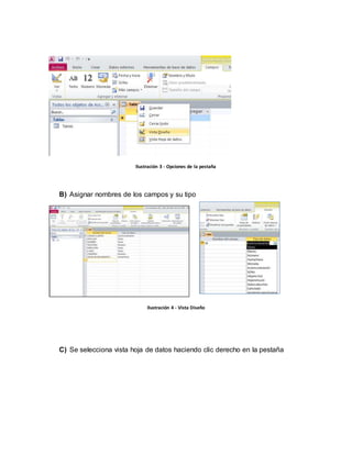 Ilustración 3 - Opciones de la pestaña 
B) Asignar nombres de los campos y su tipo 
Ilustración 4 - Vista Diseño 
C) Se selecciona vista hoja de datos haciendo clic derecho en la pestaña 
 