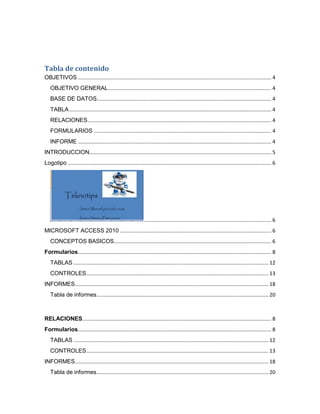 Tabla de contenido 
OBJETIVOS ...................................................................................................................................... 4 
OBJETIVO GENERAL ................................................................................................................. 4 
BASE DE DATOS ......................................................................................................................... 4 
TABLA ............................................................................................................................................ 4 
RELACIONES ............................................................................................................................... 4 
FORMULARIOS ........................................................................................................................... 4 
INFORME ...................................................................................................................................... 4 
INTRODUCCION .............................................................................................................................. 5 
Logotipo ............................................................................................................................................. 6 
........................................................................................ 6 
MICROSOFT ACCESS 2010 ......................................................................................................... 6 
CONCEPTOS BASICOS ............................................................................................................. 6 
Formularios ...................................................................................................................................... 8 
TABLAS ....................................................................................................................................... 12 
CONTROLES .............................................................................................................................. 13 
INFORMES ...................................................................................................................................... 18 
Tabla de informes ....................................................................................................................... 20 
RELACIONES ................................................................................................................................... 8 
Formularios ...................................................................................................................................... 8 
TABLAS ....................................................................................................................................... 12 
CONTROLES .............................................................................................................................. 13 
INFORMES ...................................................................................................................................... 18 
Tabla de informes ....................................................................................................................... 20 
 
