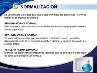 NORMALIZACION
Es un conjunto de reglas que sirven para minimizar los problemas y errores
dados en el proceso de análisis.

PRIMERA FORMA NORMAL:
Esta establece que las columnas repetidas deben eliminarse y colocarse en
tablas separadas.

SEGUNDA FORMA NORMAL:
Todas las dependencias parciales (datos o atributos que no dependen
directamente de la llave principal) se deben eliminar y separar dentro de sus
propias tablas.

TERCERA FORMA NORMAL:
Eliminar las dependencias transitivas (campos que no son llave y dependen
de otros que tampoco son llaves.)



                                                                         LOGO
                                                                   www.themegallery.com
 
