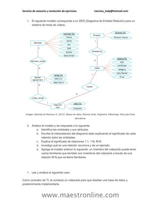 Servicio de asesoría y resolución de ejercicios ciencias_help@hotmail.com 
www.maestronline.com 
1. El siguiente modelo corresponde a un DER (Diagrama de Entidad Relación) para un sistema de renta de videos. Imagen obtenida de Reinosa, E. (2012). Bases de datos. Buenos Aires, Argentina: Alfaomega. Sólo para fines educativos. 2. Analiza el modelo y da respuesta a lo siguiente: a. Identifica las entidades y sus atributos. b. Escribe la interpretación del diagrama dado explicando el significado de cada relación entre las entidades. c. Explica el significado de relaciones 1:1, 1:N, M:N. d. Investiga qué es una relación recursiva y da un ejemplo. e. Agrega al modelo anterior lo siguiente: un miembro del videoclub puede tener varios familiares que también son miembros del videoclub a través de una relación M:N que se llame familiares. 
1. Lee y analiza el siguiente caso: Como consultor de TI, te contacta un videoclub para que diseñes una base de datos y posteriormente implementarla.  