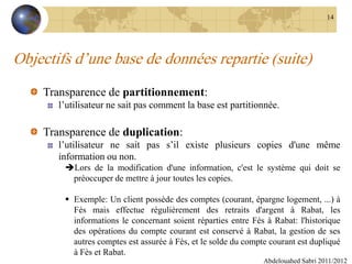 Objectifs d’une base de données repartie (suite)
Transparence de partitionnement:
l’utilisateur ne sait pas comment la base est partitionnée.
Transparence de duplication:
l’utilisateur ne sait pas s’il existe plusieurs copies d'une même
information ou non.
Lors de la modification d'une information, c'est le système qui doit se
préoccuper de mettre à jour toutes les copies.
 Exemple: Un client possède des comptes (courant, épargne logement, ...) à
Fès mais effectue régulièrement des retraits d'argent à Rabat, les
informations le concernant soient réparties entre Fès à Rabat: l'historique
des opérations du compte courant est conservé à Rabat, la gestion de ses
autres comptes est assurée à Fès, et le solde du compte courant est dupliqué
à Fès et Rabat.
Abdelouahed Sabri 2011/2012
14
 