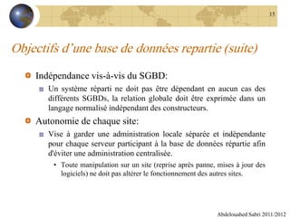 Objectifs d’une base de données repartie (suite)
Indépendance vis-à-vis du SGBD:
Un système réparti ne doit pas être dépendant en aucun cas des
différents SGBDs, la relation globale doit être exprimée dans un
langage normalisé indépendant des constructeurs.
Autonomie de chaque site:
Vise à garder une administration locale séparée et indépendante
pour chaque serveur participant à la base de données répartie afin
d'éviter une administration centralisée.
• Toute manipulation sur un site (reprise après panne, mises à jour des
logiciels) ne doit pas altérer le fonctionnement des autres sites.
Abdelouahed Sabri 2011/2012
15
 