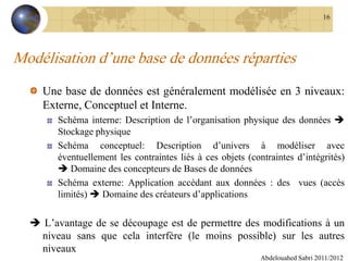 Modélisation d’une base de données réparties
Une base de données est généralement modélisée en 3 niveaux:
Externe, Conceptuel et Interne.
Schéma interne: Description de l’organisation physique des données 
Stockage physique
Schéma conceptuel: Description d’univers à modéliser avec
éventuellement les contraintes liés à ces objets (contraintes d’intégrités)
 Domaine des concepteurs de Bases de données
Schéma externe: Application accédant aux données : des vues (accès
limités)  Domaine des créateurs d’applications
 L’avantage de se découpage est de permettre des modifications à un
niveau sans que cela interfère (le moins possible) sur les autres
niveaux
Abdelouahed Sabri 2011/2012
16
 