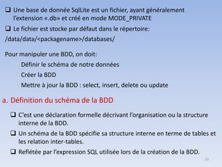 20
❑ Une base de donnée SqlLite est un fichier, ayant généralement
l’extension «.db» et créé en mode MODE_PRIVATE
❑ Le fichier est stocke par défaut dans le répertoire:
/data/data/<packagename>/databases/
Pour manipuler une BDD, on doit:
Définir le schéma de notre données
Créer la BDD
Mettre à jour la BDD : select, insert, delete ou update
a. Définition du schéma de la BDD
❑ C’est une déclaration formelle décrivant l’organisation ou la structure
interne de la BDD.
❑ Un schéma de la BDD spécifie sa structure interne en terme de tables et
les relation inter-tables.
❑ Reflétée par l’expression SQL utilisée lors de la création de la BDD.
 