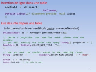 27
Insertion de ligne dans une table
newRowId = db.insert(
tablename,
Default_Values,// elsewhere provide null values
);
Lire des info depuis une table
La lecture est basée sur la méthode query ( une requête select)
SQLiteDatabase db = mDbHelper.getReadableDatabase();
// Define a projection that specifies which columns from the
database
// you will actually use after this query. String[] projection = {
BookEntry._ID, BookEntry.COLUMN_NAME_TITLE //,...
};
// How you want the results sorted in the resulting Cursor
String sortOrder = BookEntry.COLUMN_NAME_UPDATED + " DESC";
Cursor c = db.query(
BookEntry.TABLE_NAME, // The table to query
 