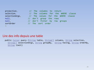 28
projection, // The columns to return
selection, // The columns for the WHERE clause
selectionArgs, // The values for the WHERE clause
null, // don't group the rows
null, // don't filter by row groups
sortOrder // The sort order
);
Lire des info depuis une table
public Cursor query (String table, String[] columns, String selection,
String[] selectionArgs, String groupBy, String having, String orderBy,
String limit)
 