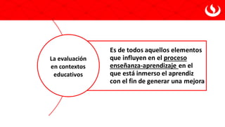 Es de todos aquellos elementos
que influyen en el proceso
enseñanza-aprendizaje en el
que está inmerso el aprendiz
con el fin de generar una mejora
La evaluación
en contextos
educativos
 