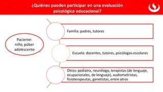 ¿Quiénes pueden participar en una evaluación
psicológica educacional?
Familia: padres, tutores
Escuela: docentes, tutores, psicólogos escolares
Otros: pediatra, neurólogo, terapistas (de lenguaje,
ocupacionales, de lenguaje), audiometristas,
fisioterapeutas, genetistas, entre otros
Paciente:
niño, púber
adolescente
 