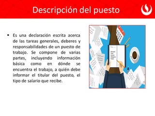 Descripción del puesto
▪ Es una declaración escrita acerca
de las tareas generales, deberes y
responsabilidades de un puesto de
trabajo. Se compone de varias
partes, incluyendo información
básica como en dónde se
encuentra el trabajo, a quién debe
informar el titular del puesto, el
tipo de salario que recibe.
 
