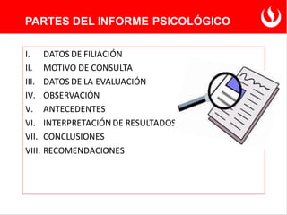 I. DATOS DE FILIACIÓN
II. MOTIVO DE CONSULTA
III. DATOS DE LA EVALUACIÓN
IV. OBSERVACIÓN
V. ANTECEDENTES
VI. INTERPRETACIÓNDE RESULTADOS
VII. CONCLUSIONES
VIII. RECOMENDACIONES
PARTES DEL INFORME PSICOLÓGICO
 