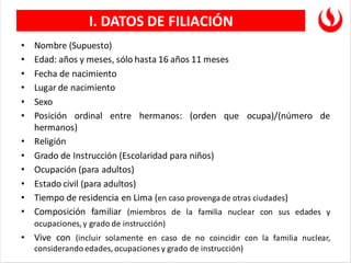 I. DATOS DE FILIACIÓN
• Nombre (Supuesto)
• Edad: años y meses, sólo hasta 16 años 11 meses
• Fecha de nacimiento
• Lugar de nacimiento
• Sexo
• Posición ordinal entre hermanos: (orden que ocupa)/(número de
hermanos)
• Religión
• Grado de Instrucción (Escolaridad para niños)
• Ocupación (para adultos)
• Estado civil (para adultos)
• Tiempo de residencia en Lima (en caso provenga de otras ciudades)
• Composición familiar (miembros de la familia nuclear con sus edades y
ocupaciones,y grado de instrucción)
• Vive con (incluir solamente en caso de no coincidir con la familia nuclear,
considerando edades, ocupaciones y grado de instrucción)
 