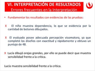 VI. INTERPRETACIÓN DE RESULTADOS
Errores frecuentes en la Interpretación
• Fundamentar los resultados con evidencias de las pruebas:
X El niño muestra dependencia, lo que se evidencia por la
cantidad de botones dibujados.
X El evaluado posee adecuada percepción visomotora, ya que
completó los diseños con exactitud y rápidamente y obtuvo un
puntaje de 48.
X Lucía dibujó orejas grandes, por ello se puede decir que muestra
sensibilidad frente a la crítica.
Lucía muestra sensibilidad frente a la crítica.
 