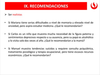 IX. RECOMENDACIONES
➢ Ser realistas
• Si Mariana tiene serias dificultades a nivel de memoria y elevado nivel de
ansiedad, pero aspira estudiar medicina. ¿Qué le recomendarían?
• Si Carlos es un niño que muestra mucha necesidad de la figura paterna y
sentimientos depresivos respecto a su ausencia, pero su papá es alcohólico
y lo visita solo dos veces al año. ¿Qué le recomendarían a la mamá?
• Si Manuel muestra tendencias suicidas y requiere consulta psiquiátrica,
tratamiento psicológico y terapia ocupacional, pero tiene escasos recursos
económicos. ¿Qué le recomendarían?
 