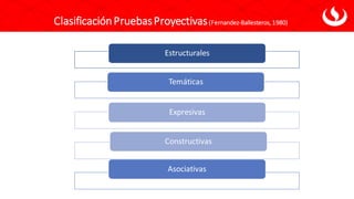 ClasificaciónPruebasProyectivas(Fernandez-Ballesteros, 1980)
Estructurales
Temáticas
Expresivas
Constructivas
Asociativas
 