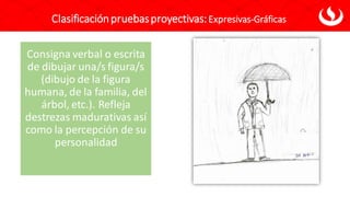 Consigna verbal o escrita
de dibujar una/s figura/s
(dibujo de la figura
humana, de la familia, del
árbol, etc.). Refleja
destrezas madurativas así
como la percepción de su
personalidad
Clasificaciónpruebasproyectivas:Expresivas-Gráficas
 