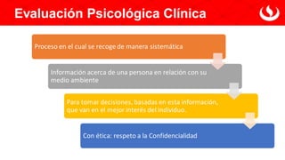 Evaluación Psicológica Clínica
Proceso en el cual se recoge de manera sistemática
Información acerca de una persona en relación con su
medio ambiente
Para tomar decisiones, basadas en esta información,
que van en el mejor interés del individuo.
Con ética: respeto a la Confidencialidad
 