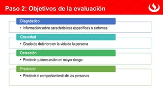 Paso 2: Objetivos de la evaluación
• información sobre características específicas o síntomas
Diagnóstico
• Grado de deterioro en la vida de la persona
Gravedad
• Predecir quiénes están en mayor riesgo
Detección
• Predecir el comportamientode las personas
Predicción
 