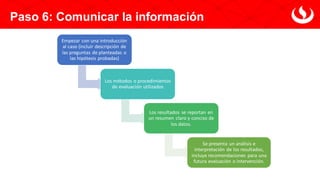 Paso 6: Comunicar la información
Empezar con una introducción
al caso (incluir descripción de
las preguntas de planteadas o
las hipótesis probadas)
Los métodos o procedimientos
de evaluación utilizados
Los resultados se reportan en
un resumen claro y conciso de
los datos.
Se presenta un análisis e
interpretación de los resultados,
incluye recomendaciones para una
futura evaluación o intervención.
 
