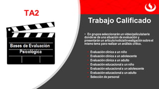 Trabajo Calificado
• En gruposseleccionarán un video/película/serie
dondese de una situación de evaluación y
presentarán un artículo/noticia/investigaciónsobreel
mismo tema para realizar un análisis crítico.
• Evaluación clínica a un niño
• Evaluación clínica a un adolescente
• Evaluación clínica a un adulto
• Evaluación educacionala un niño
• Evaluación educacionala un adolescente
• Evaluación educacionala un adulto
• Selección de personal
TA2
 
