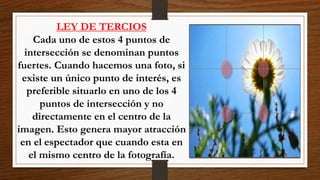 LEY DE TERCIOS
Cada uno de estos 4 puntos de
intersección se denominan puntos
fuertes. Cuando hacemos una foto, si
existe un único punto de interés, es
preferible situarlo en uno de los 4
puntos de intersección y no
directamente en el centro de la
imagen. Esto genera mayor atracción
en el espectador que cuando esta en
el mismo centro de la fotografía.
 
