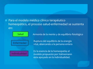    Para el modelo médico clínico terapéutico
    homeopático, el proceso salud-enfermedad se sustenta
    en:
           Salud       Armonía de la mente y de equilibrio fisiológico

                       Ruptura del equilibrio de la energía
       Enfermedad      vital, abarcando a la persona entera

                       Es la esencia de la homeopatía; el
      Individualidad   modelo propuesto por Hahnemann
                       esta apoyado en la individualidad.
 
