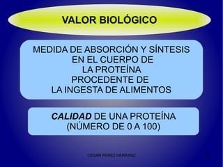 VALOR BIOLÓGICO

MEDIDA DE ABSORCIÓN Y SÍNTESIS
        EN EL CUERPO DE
          LA PROTEÍNA
        PROCEDENTE DE
   LA INGESTA DE ALIMENTOS

   CALIDAD DE UNA PROTEÍNA
     (NÚMERO DE 0 A 100)


          CESAR PEREZ HERRANZ    58
 