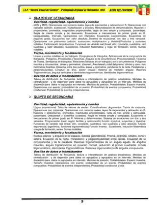 5
I.E.P. “Nuestra Señora del Carmen” II Olimpiada Regional de Matemática 2016 BASES DEL CONCURSO
 CUARTO DE SECUNDARIA
Cantidad, regularidad, equivalencia y cambio
MCM y MCD. Operaciones con números reales, leyes de exponentes y radicación en R. Operaciones con
radicales (adición, sustracción, multiplicación y división). Racionalización de denominadores. Razones y
proporciones, promedios, magnitudes proporcionales, regla de tres simple y compuesta, porcentajes.
Regla de interés simple y de descuento. Ecuaciones e inecuaciones de primer grado en R.
Desigualdades, Intervalo, Operaciones con intervalos, Ecuaciones exponenciales. Ecuaciones de
segundo grado, Ecuaciones con valor absoluto. Sistema de ecuaciones con dos y tres variables.
Operaciones con polinomios (adición, sustracción, multiplicación y división).Productos y cocientes
notables. Factorización de polinomios. Funciones de variable real (lineal, afín, constante, cuadrática, raíz
cuadrada y valor absoluto). Sucesiones, Inducción Matemática y regla de formación, series: Sumas
notables.
Forma, movimiento y localización
Líneas y puntos notables en un triángulo. Congruencia de triángulos. Aplicaciones de la congruencia de
triángulos. Polígonos .Propiedades y teoremas. Ángulos en la circunferencia .Proporcionalidad .Teorema
de Thales. Semejanza de triángulos. Relaciones Métricas en un triángulo y en la circunferencia. Polígonos
inscritos y circunscritos. Áreas y perímetros. Volumen, Área lateral y total del prisma, cilindro y cono. Noc
Geometría Analítica. Distancia entre dos puntos, áreas y perímetros, pendiente de la recta. Paralelismo y
perpendicularidad. Longitud de arco, sector circular, Sistema de medición angular, Razones
Trigonométricas, ángulos verticales e identidades trigonométricas. Identidades trigonométricas.
Gestión de datos e incertidumbre
Tablas de distribución de frecuencia, lectura e interpretación de gráficos estadísticos. Medidas de
centralización y de dispersión para datos no agrupados y agrupados en un intervalo. Medidas de
dispersión para datos no agrupados en intervalo. Medidas de posición. Probabilidades. Espacio muestral.
Operaciones con evento, probabilidad de un evento. Probabilidad de eventos compuestos. Probabilidad
condicional. Probabilidad de eventos independientes.
 QUINTO DE SECUNDARIA
Cantidad, regularidad, equivalencia y cambio
Lógica proposicional. Tabla de valores de verdad. Cuantificadores. Argumentos. Teoría de conjuntos.
Operaciones con conjuntos. Operaciones con números reales, leyes de exponentes y radicación en R.
Razones y proporciones, promedios, magnitudes proporcionales, regla de tres simple y compuesta,
porcentajes. Descuentos y aumentos sucesivos. Regla de interés simple y compuesto. Ecuaciones e
inecuaciones de primer grado en R. Matrices y determinantes. Sistema de ecuaciones con dos y tres
variables. Programación lineal, región factible y optimización).función inyectiva, suryectiva y biyectiva.
Funciones de variable real (lineal, afín, constante, cuadrática, raíz cuadrada y valor absoluto, función
exponencial, logarítmica, funciones trigonométricas).Función Inversa. Sucesiones, Inducción Matemática
y regla de formación, series: Sumas notables.
Forma, movimiento y localización
Rectas, planos y ángulos en el espacio. Solidos geométricos: Prisma, pirámide, cilindro, cono y
esfera. Ecuación de la recta. Paralelismo y perpendicularidad entre rectas. Ecuación de la
circunferencia y de la parábola. Razones trigonométricas de un ángulo agudo, de ángulos
notables, ángulo trigonométrico en posición normal, reducción al primer cuadrante, círculo
trigonométrico, identidades trigonométricas. Razones trigonométricos de ángulos compuestos.
Gestión de datos e incertidumbre
Tablas de distribución de frecuencia, lectura e interpretación de gráficos estadísticos. Medidas de
centralización y de dispersión para datos no agrupados y agrupados en un intervalo. Medidas de
dispersión para datos no agrupados en intervalo. Medidas de posición. Probabilidades. Espacio muestral.
Tamaño muestral. Operaciones con evento, probabilidad de un evento. Probabilidad de eventos
compuestos. Probabilidad de eventos independientes. Probabilidad condicional y total.
 