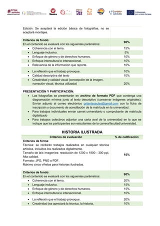 Edición: Se aceptará la edición básica de fotografías, no se
aceptará montajes.
Criterios de fondo:
En el contenido se evaluará con los siguientes parámetros:
90%
 Coherencia con el tema. 15%
 Lenguaje inclusivo. 5%
 Enfoque de género y de derechos humanos. 10%
 Enfoque intercultural e interseccional. 10%
 Relevancia de la información que reporte. 10%
 La reflexión que el trabajo provoque. 10%
 Calidad descriptiva del texto 10%
 Creatividad y calidad visual (concepción de la imagen,
narración visual, técnica utilizada) 20%
PRESENTACIÓN Y PARTICIPACIÓN:
 Las fotografías se presentarán en archivo de formato PDF que contenga una
diagramación mínima junto al texto descriptivo (conservar imágenes originales).
Enviar adjunto al correo electrónico gritanlasaulas@gmail.com con la ficha de
inscripción y documento de acreditación de la matrícula en la universidad.
 Para trabajos individuales enviar carnet universitario o comprobante de matrícula
digitalizado
 Para trabajos colectivos adjuntar una carta aval de la universidad en la que se
indique que los participantes son estudiantes de la carrera/facultad/universidad.
HISTORIA ILUSTRADA
Criterios de evaluación % de calificación
Criterios de forma:
Técnica: se recibirán trabajos realizados en cualquier técnica
artística, incluidos los realizados digitalmente.
Tamaño de la/s imagen/es: resolución de 1200 x 1800 - 300 ppi,
Alta calidad.
Formato: JPG, PNG o PDF.
Máximo cinco viñetas para historias ilustradas.
10%
Criterios de fondo:
En el contenido se evaluará con los siguientes parámetros:
90%
 Coherencia con el tema. 20%
 Lenguaje inclusivo. 15%
 Enfoque de género y de derechos humanos. 15%
 Enfoque intercultural e interseccional. 10%
 La reflexión que el trabajo provoque. 20%
 Creatividad (se apreciará la técnica, la historia, 10%
 