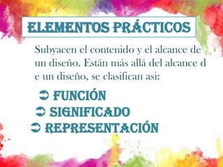 Elementos PrácticosSubyacen el contenido y el alcance de un diseño. Están más allá del alcance de un diseño, se clasifican asi: Función  Significado              Representación
